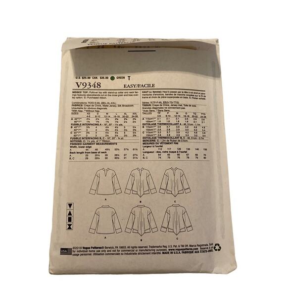 Sewing Pattern Vogue V9348 Pullover Top Standup Collar w/variations  L-XXL - Picture 5 of 8